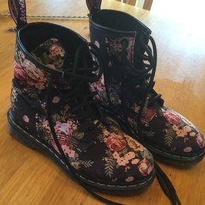 Dr. Martens Floral Combat Boots - Black and Pink